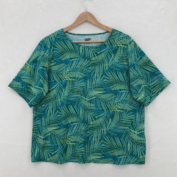 Lands' End Rash Guard Shirt Womens 1X Teal Palm Print UPF 50+ Plus Swim Beach - Picture 1 of 13